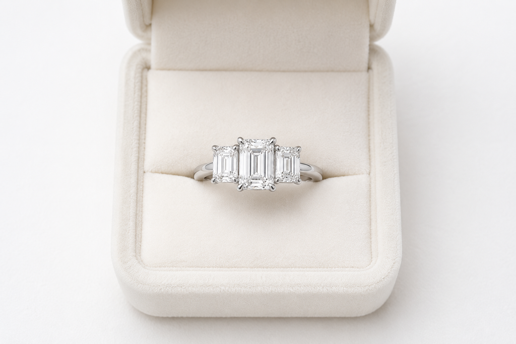 Three Stone Emerald Lab Diamond Ring – 3ct Total | 14K Gold | IGI Certified