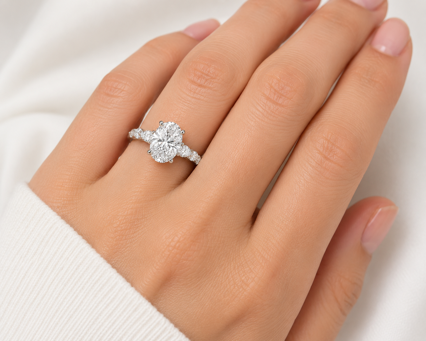 3.6ct Oval Lab Diamond Ring – Hidden Halo & Marquise Band