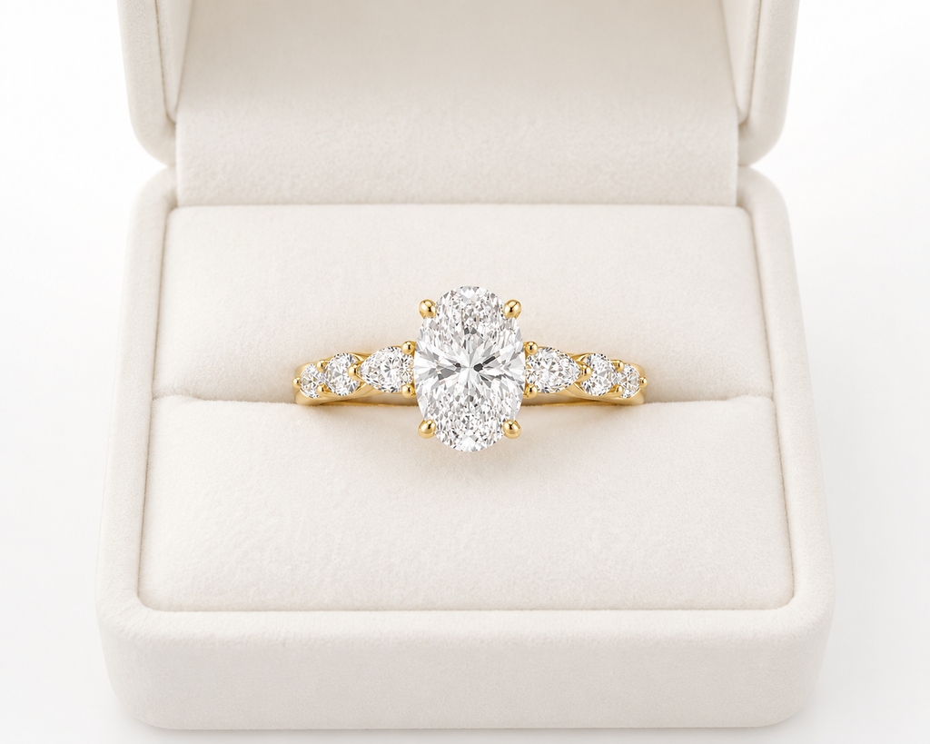 3.6ct Oval Lab Diamond Ring – Hidden Halo & Marquise Band