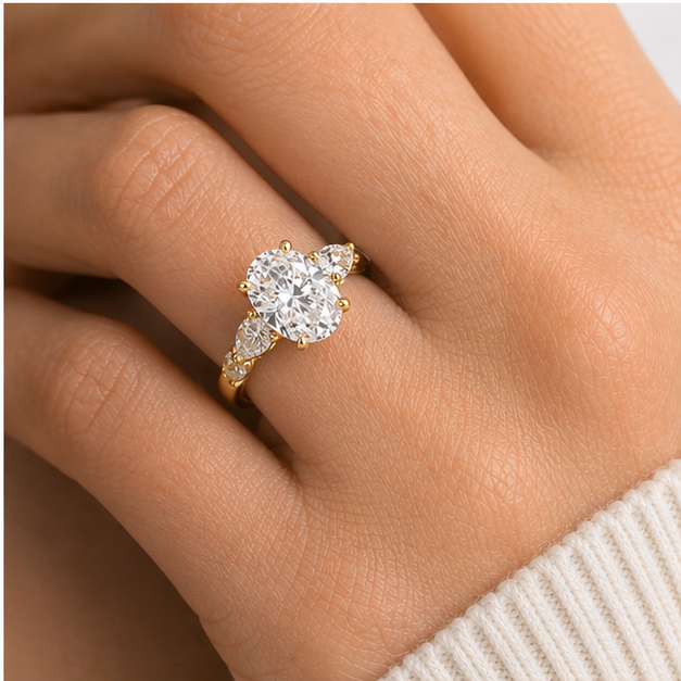 3.6ct Oval Lab Diamond Ring – Hidden Halo & Marquise Band